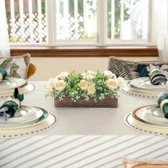 Centerpiece Table Decorations for Dining Room Farmhouse Living Room Table Centerpieces Decor Wood Tray with 3 Artificial Flowers and 2 Eucalyptus for Kitchen Table, 14.1" x 4.7" x 3.1" {2}