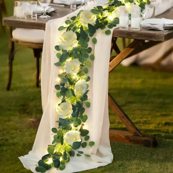 6.6FT Eucalyptus Garland with Lights Spring Baby Breath Flower Garland with 12 White Roses Artificial Floral Greenery Vine for Table Arch Backdrop Wedding Valentines Day Decorations {1}