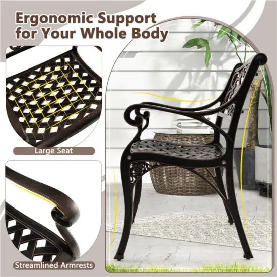 Cast Aluminum Dining Chairs Set Of 2 With Patio Chairs Armrests Flower Pattern-Bronze {4}