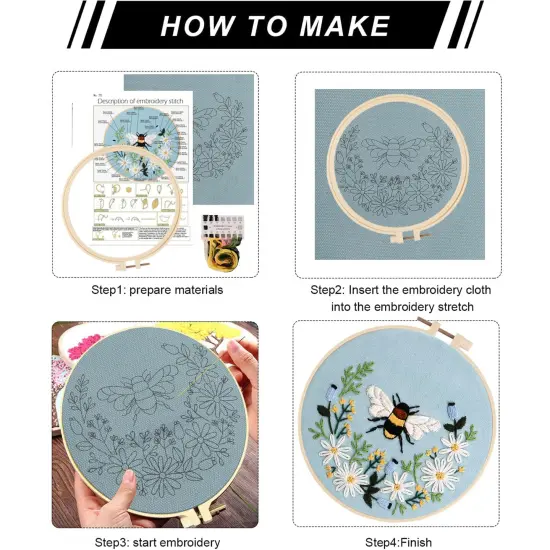 Embroidery Starter Kit for Beginners, 3 Sets Cross Stitch Kits for Adults, Include Embroidery Clothes with Cute Bees and Flowers Patterns, 1 Embroidery Hoop, Threads, Needles and Instruction {4}