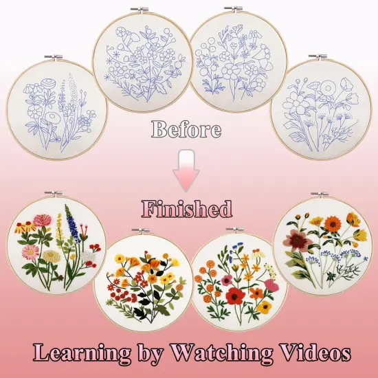 4 Sets Embroidery Kit for Beginners with Stitch Video, Flower Cross Stitch Kits for Adults, Starter, Hand Craft Lover Practice with Floral Stamped Pattern, 2 Hoops, Needles, Scissors, Tools {5}