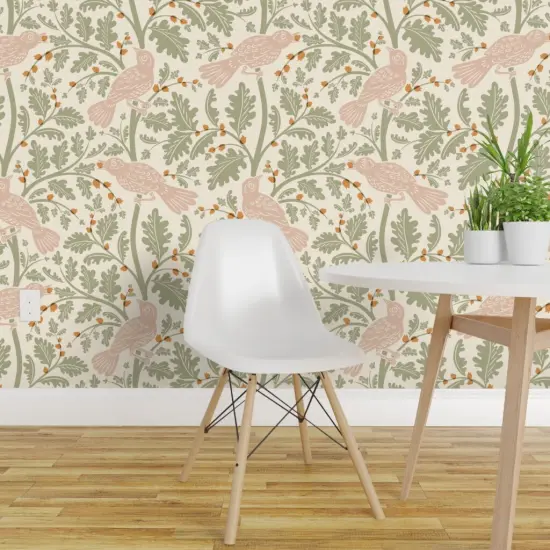 Peel & Stick Wallpaper 2FT Wide Cottagecore Sage Green Blush Pink Bird Woodland Rustic Leaves Custom Removable Wallpaper by Spoonflower {1}