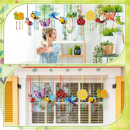 24 Sets Spring Craft Set Butterfly Bee Flower Wind Chime Kit Make Your Own Spring Gifts DIY Coloring Wooden Decoration for Spring Themed Party Supplies {3}