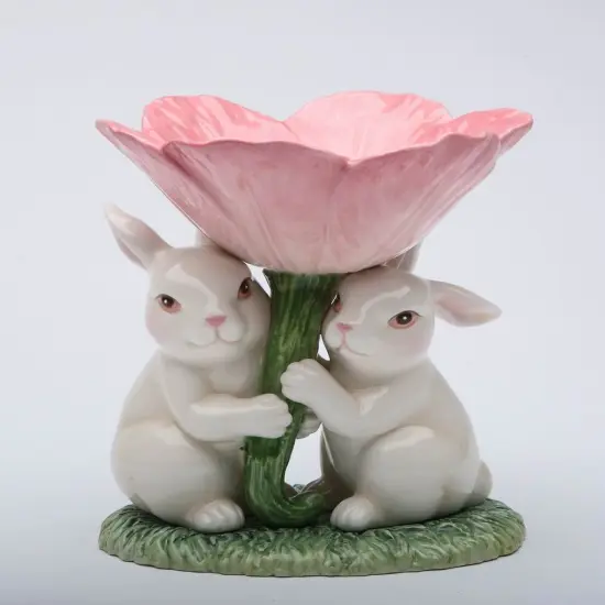 Ceramic Easter Bunny Rabbits with Pink Flower Candle Holder, Gift for Her, Gift for Mom, Kitchen D&eacute;cor, Spring D&eacute;cor, Easter D&eacute;cor {3}
