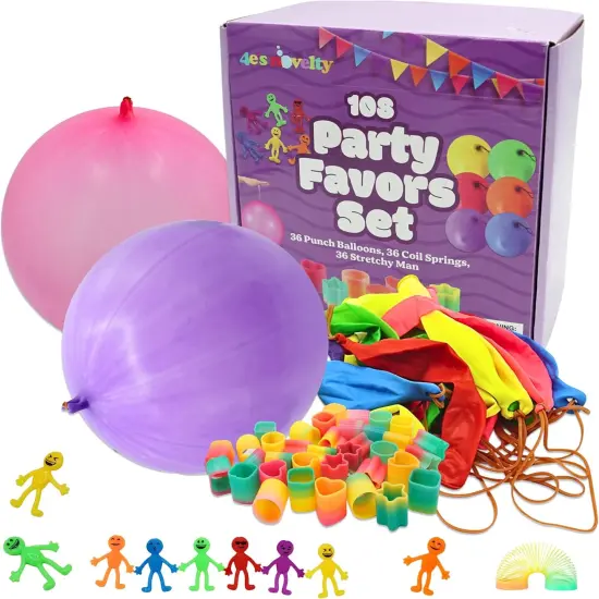 4E's Novelty 108 Pcs Prizes, 36 Of Each, Punch Balloons, Mini Coil Spring, Stretchy Bendable Man, Birthday Party Favor Sets for Kids, Sensory Fidget Treasure Chest Prize Box Toys for Classroom {6}