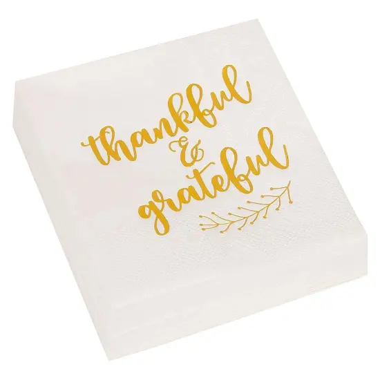 50 Pack Thanksgiving Cocktail Napkins Party Supplies Table Decorations, Thankful and Grateful (5 x 5 In) White {7}