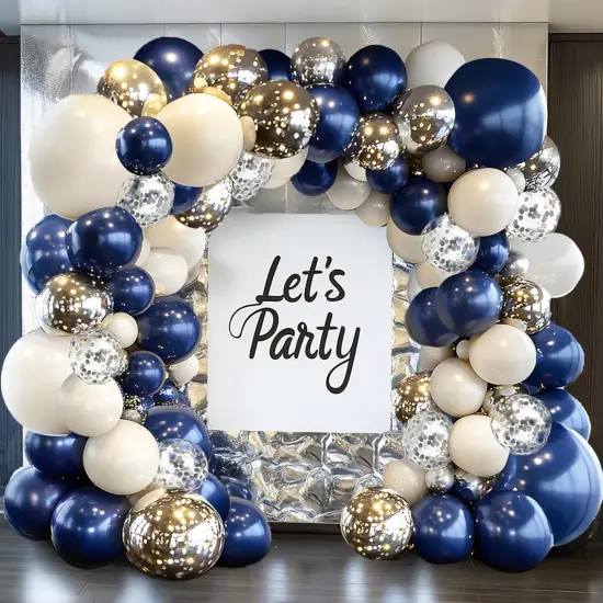 Navy Blue Silver Balloons Arch Kit, Double Stuffed Pearl White Royal Dark Blue Silver Chrome with Confetti Balloons Garland Kit for Birthday Baby Shower Wedding Graduation Father's Day Decorations {1}
