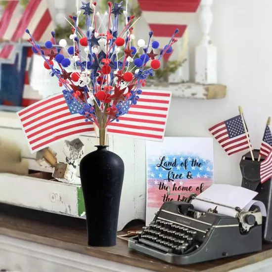 2pcs Patriotic Berry Picks, Artificial Berry Stems 18" Red Blue Star Floral Picks for Floor Vase Decor, Faux Fur Ball Branches for Home Decoration {4}