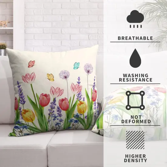 Summer Floral Throw Pillows Cover 18x18 Set of 2 Pink Tulip Flower Pillow Covers Lavender Dandelion Butterfly Decorative Pillow Case for Farmhouse Patio Sofa Couch {3}