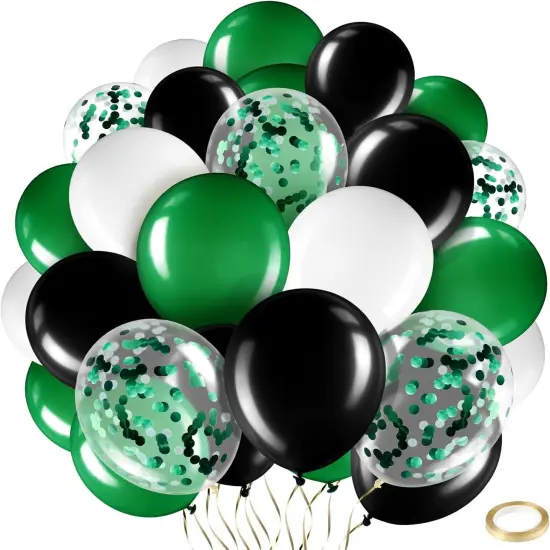 60 Pcs 12 Inch Balloons Kit Confetti Latex Metallic Balloons with 2 Rolls Ribbon Party Favor for Memorial Day, Birthdays, Fourth of July, Halloween Decorations(Black, Green, White) {1}