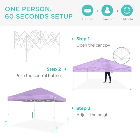 Best Choice Products 10x10ft Easy Setup Pop Up Canopy w/ 1-Button Setup, Wheeled Case, 4 Weight Bags Lilac/White {2}