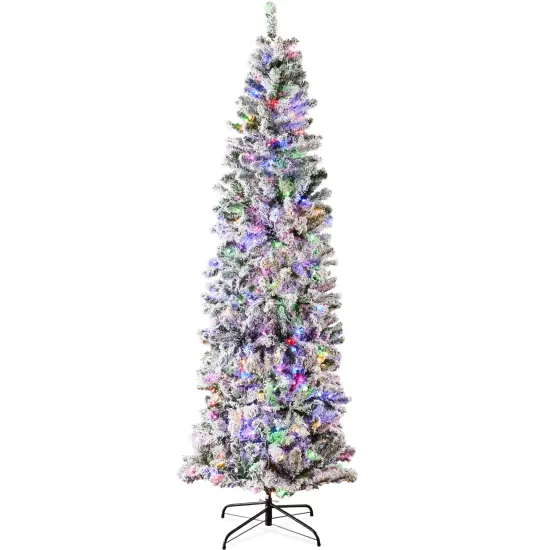 Best Choice Products Pre-Lit Artificial Snow Flocked Pencil Christmas Tree Decoration w/ Multicolor Lights {1}