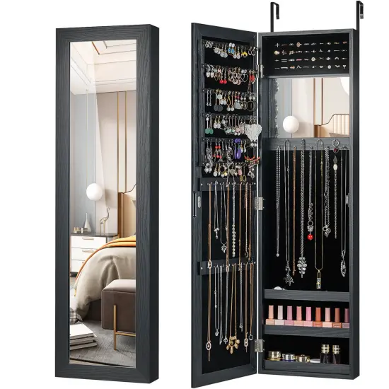 Costway Wall Door Mounted Mirrored Jewelry Cabinet Storage Organizer-Black/Brown/White {7}