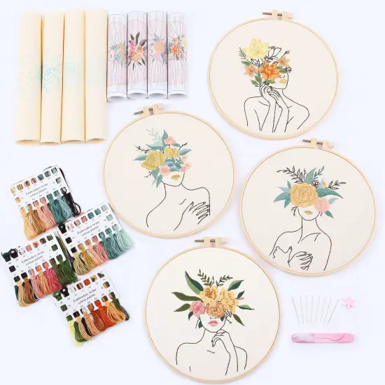 REEWISLY 4 pcs of Embroidery Starter kit with Patterns and Instructions, DIY Adult Beginner Cross Stitch Kits, Including 2 Plastic Embroidery Rings, 1 Pair of Scissors, Colored Threads and Needles {1}