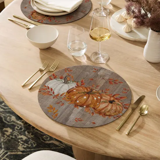 Set of 4 Maple Leaves with Pumpkins Round Fall Placemats - 14 Inch (Wood/Orange) {2}