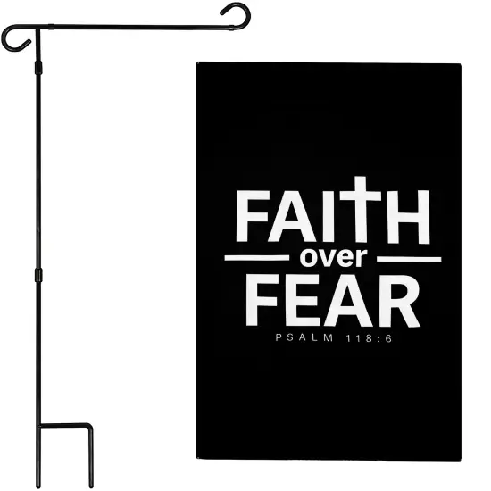 G128 Combo Pack Garden Flag Stand Black 36x16IN & Garden Flag Faith Over Fear Scripture Printed 12x18IN Double Sided Yard Garden Lawn Decoration {1}