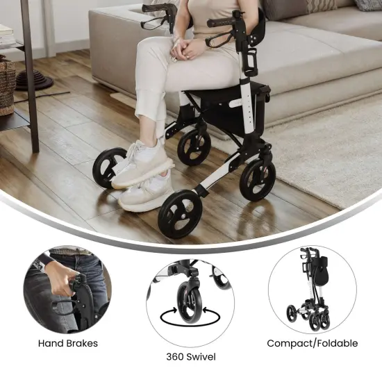 Emma and Oliver Ramsey Rollator Walker with Lightweight, Height-Adjust, Foldable Frame, Three-Setting Hand Brake System, 360&deg; Swivel White and Black {3}