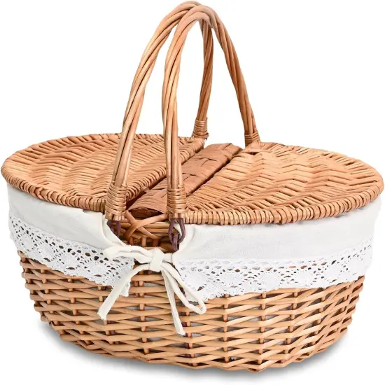 Large 15.4" Wicker Picnic Basket with Removable Liner Empty Picnic Baskets with Lid, Picnic Hamper with Foldable Handles for Picnic, Natural Color, Large {1}