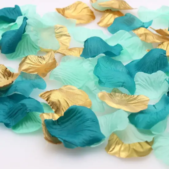 900PCS Teal Aqua Mint Gold Silk Rose Flower Petals Party Confetti Table Centerpieces Scatters Baby Bridal Shower Wedding Favor Vase Filler Aisle Decoration {1}