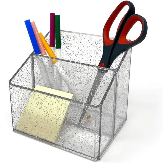 Clear Acrylic 2-Section Organizer, Remote Holder & Multi-Functional Makeup, Brush, Pen & Pencil Storage Solution, for The Home, Bathroom, Office, Child&rsquo;s Desk (2-Section, Silver Glitter) {4}