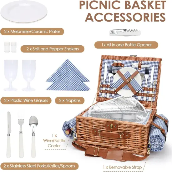 Picnic Baskets for 2, Picnic Basket with Waterproof Blanket, Picnic Basket Set with Washable Beach Mat & Large Insulated Cooler Compartment, Handmade Natural Wicker Hamper for Camping, Outdoor Party {2}