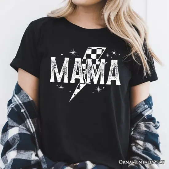 Checkered Lightning Bolt Mama Tee, Vintage Retro Black and White Tee for Energetic Moms {5}