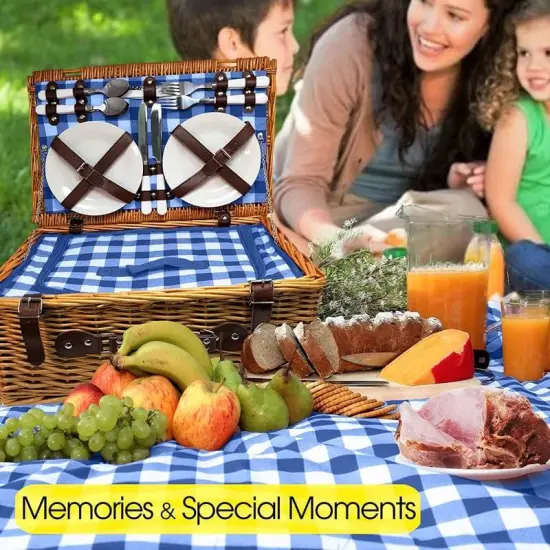 Picnic Basket Set, Wicker Basket with Handle for Outdoors, Insulated Woven Basket, Includes a Service Kit of Dinnerware & Wine Glasses, Picnic Basket Set for 4 with Blanket, Blue & White {4}