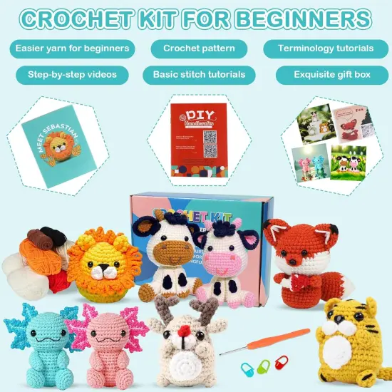 PCS Animal Crochet Kit for Beginners, DIY Couple Cow Beginners Crochet Kit, Christmas Highland Cow Starters Crochet Kit {5}