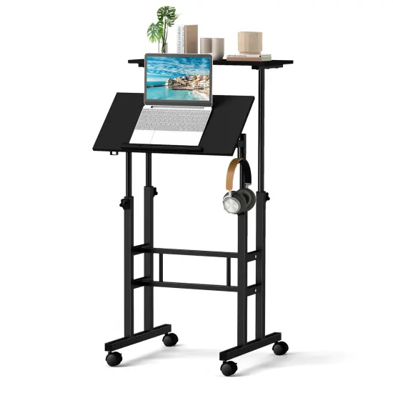 Costway Mobile Standing Desk Rolling Adjustable Laptop Cart Home Office Walnut/Natural/White {10}