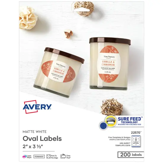 Avery Printable Blank Oval Labels, 2" x 3-1/3", Matte White, 200 Customizable Labels (22570) {1}