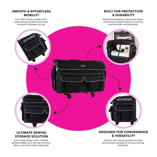 Everything Mary XXL 4 Wheel Collapsible Rolling Sewing Machine Storage Case, Black Floral {6}