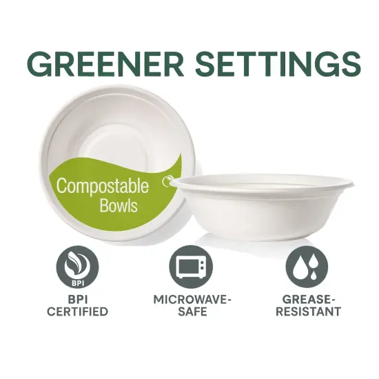 Greener Settings 32 oz Compostable Paper Bowls, 50-Pack &ndash; Heavy-Duty Bagasse, Biodegradable, Microwavable, Freezer Safe, Leak-Resistant, Eco-Friendly for Hot and Cold Foods {6}