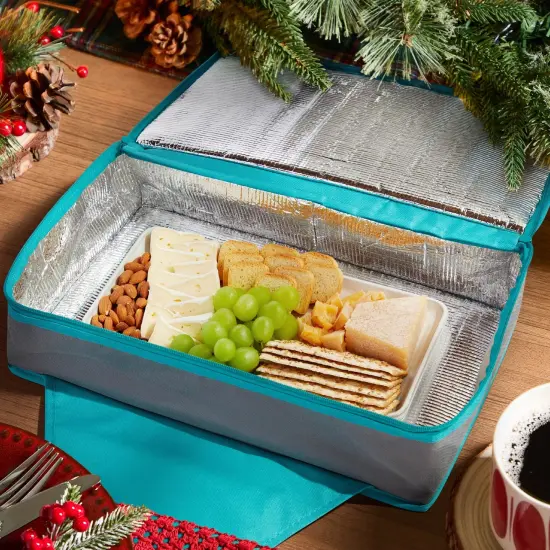 Thermal Insulated Casserole Carrier - Food Warmer Bag Container to Keep Food Hot for Lunch, Potluck Dish, Picnics, Pie, Transport (Teal and Gray, 16x10x4 in) Blue {3}