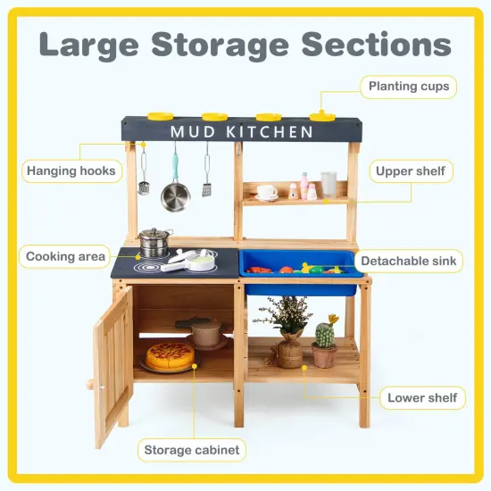 Costway Kids Kitchen Playset Wooden Outdoor Mud Kitchen Pretend Play Toy W/ Kitchenware {5}