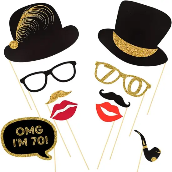 70th Birthday Photo Booth Props(41Pcs), 70 Fabulous Party Supplies, Gold and Black Birthday Favor Decorations {2}