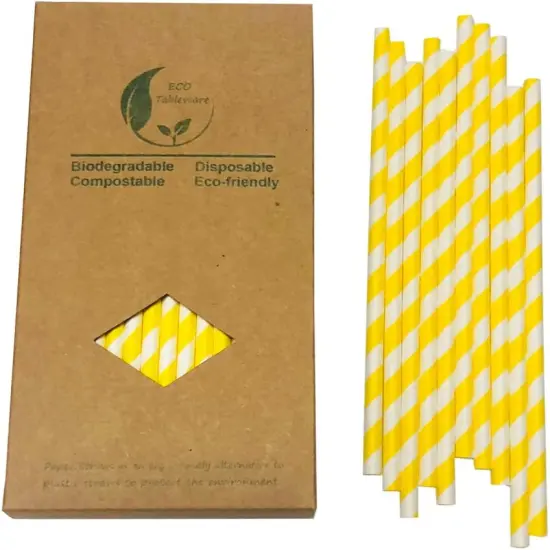 Yellow And White Paper Straws, Pack of 100 Disposable Yellow Striped Cockatil Drinking Straw for Cake Pop Sticks, Anniversary, Birthday Party Supplies {1}
