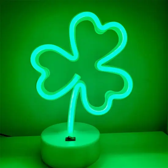 Green Clover Neon Sign Light &ndash; USB & Battery Powered Summer Tabletop Lamp for Bedroom, Bar, or Outdoor Vibes {1}