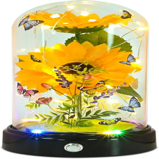 Sunflower Gifts for Women,Yellow Artificial Sunflowers with LED Light in Glass Dome,Cute Sunflower for Christmas,Birthday, Mother's Day, Valentine's Day {1}