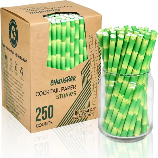5.75" x 0.31" Green Bamboo Disposable Paper Drinking Straws for Short Drinks, Blended Cocktails, Margaritas, Smoothies, Milkshakes - Unwrapped {1}