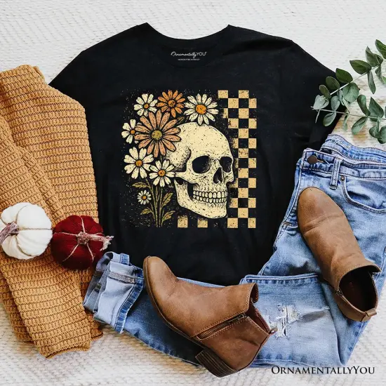 Checkered Floral Skeleton T-Shirt, Vintage Skull Daisy Halloween Tee {6}