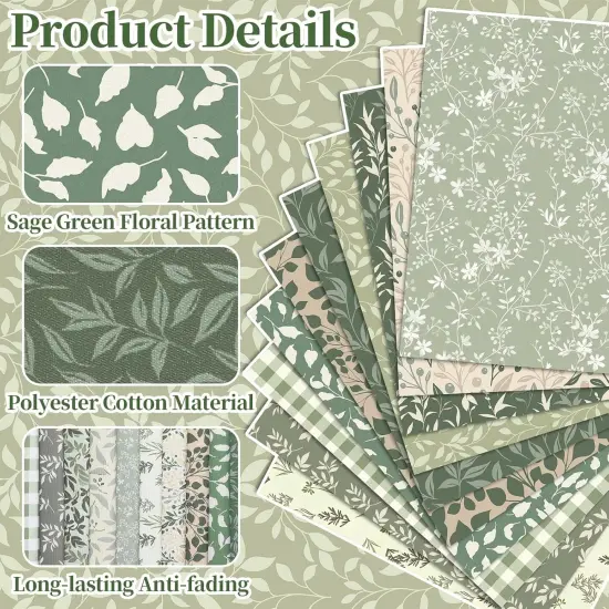 10 Pcs Sage Green Floral Quilting Fabric - 18 x 22 Inch {3}