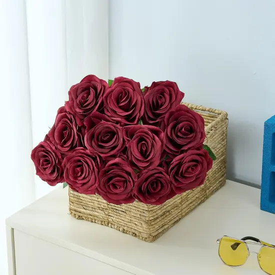 15pcs Artificial Rose Flowers Long Stem Burgundy Fake Silk Roses {2}