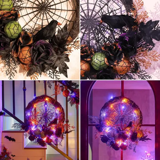 Halloween Wreath for Front Door with Lights, 24 Inch Pre-Lit Roses Crow {5}