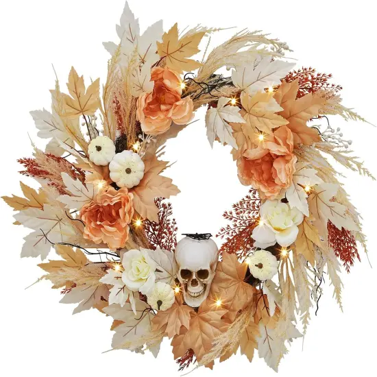 22 Inch Halloween Skull Wreath with Lights, White Pumpkins Roses {1}