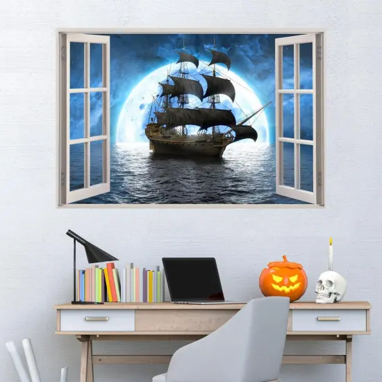 3D Pirate Ship Fake Windows Wall Sticker - 23.6"x17.3" {4}