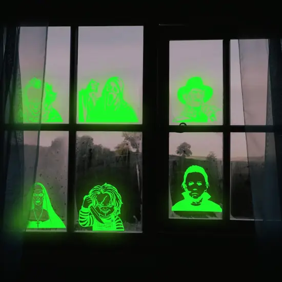 6Pcs Scary Classic Movie Characters Glowing Decals Seamless Green {5}