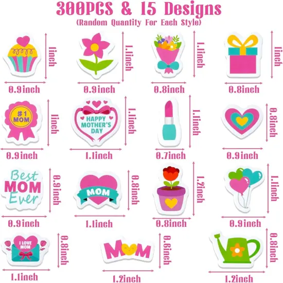 Mother&rsquo;s Day Cartoon Foam Sticker - Haooryx 300pcs Happy Mother&rsquo;s Day Foam Stickers Flower Pink Heart-Shape Self Adhesive EVA Stickers I Love Mom 3D Puffy Sticker for Giftwrap Card Envelope Decor {2}