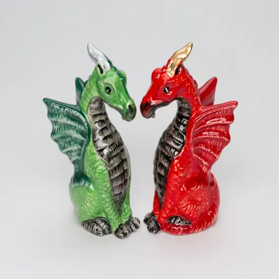 Ceramic Red and Green Medieval Dragon Salt and Pepper Shakers, Game Room Decor, Gift for Him, Gift for Board Game Enthusiast {4}