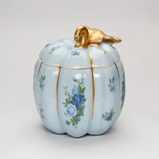 Ceramic Victorian Blue Pumpkin Candy Jar With Blue Roses Pattern, Kitchen Decor, Fall Decor, Gift for Her, Gift for Mom {6}