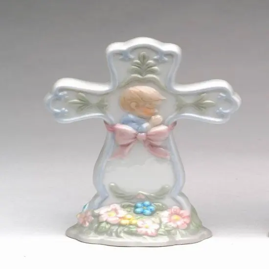 Ceramic Praying Boy Cross Figurine, Religious Gift or Decor, Baptism Gift, Nursery Room Decor {3}